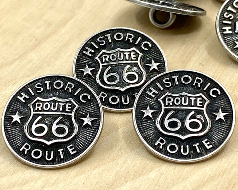 HISTORIC ROUTE 66 Metal Buttons, Highway 66, Qty 4 to 24, Antique Silver 3/4" 19mm, Shank Back Button, Old Hwy 66