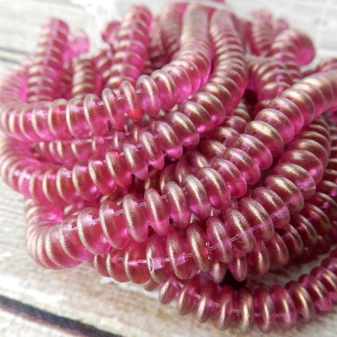 HALO MADDER ROSE CzechMates Lentil Beads /Rose Pink with Soft Gold Shimmer Lentils /2 hole /6 mm /Czech Glass /Full Strand 50 Beads