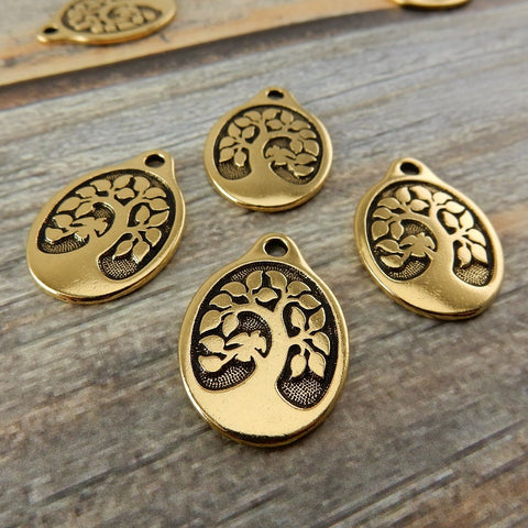 Bird in a Tree pendants by Tierracast in antique gold - 26mm tall large charm drops! Lovely for pendants - Double sided drops!