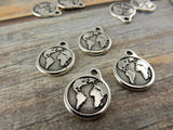 Earth Charm Drops Antique Silver TierraCast Double Sided Pendants, Planet Earth with Continents, Earth Drop, Tierra Cast, Earth Day Charms,