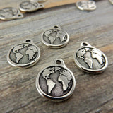 Earth Charm Drops Antique Silver TierraCast Double Sided Pendants, Planet Earth with Continents, Earth Drop, Tierra Cast, Earth Day Charms,