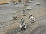 TierraCast Henna Hand, Antique Silver Henna Hand Drop Charms, Tribal Hand Charm, Tierra Cast Pewter, Metal Charms,