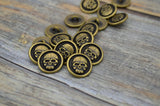 Scary Skull Buttons, Skull Metal Buttons TierraCast Antique Brass 16mm Halloween or Goth Angry Skull Qty 4 Round Shank Back Button