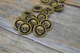 Scary Skull Buttons, Skull Metal Buttons TierraCast Antique Brass 16mm Halloween or Goth Angry Skull Qty 4 Round Shank Back Button