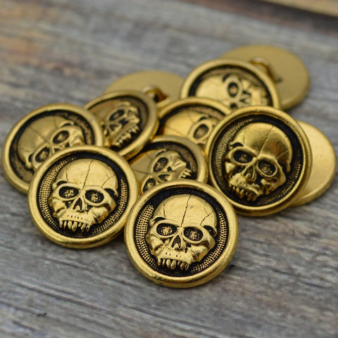 Scary Skull Buttons, Metal Button, Tierracast Qty 4 Antique Gold Angry Skull, 16mm Round Shank Back Button, For Leather Wrap Clasps