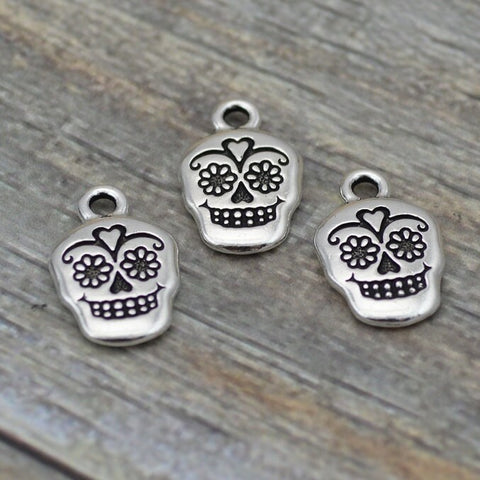 Sugar Skull Charms, 18mm Tierracast Day of the Dead, Rose Skull, Qty 4 Antique Silver Skeletons, Great to make Day of the Dead Jewelry