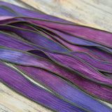 SUNSET BEACH Hand Dyed Silk Ribbons, Silk Strings, Handmade Crinkle Silk Ribbon, Qty 5 Purple Pink Blues Ties, Silk Wraps  for Jewelry