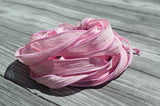 LIGHT PINK Silk Ribbons Hand Dyed Sewn Qty 5 Strings, Crinkle Silk Ribbons, Raspberry Pink, Great Silk Bracelet Wraps Necklaces or Crafts