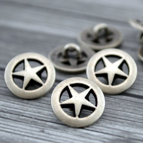 TEXAS STAR Buttons, Antique Silver Button 5/8" Five Pointed Stars 15mm/ Sheriffs Badge Qty 4 to 24 Metal Leather Wrap Clasps Western Cowboy