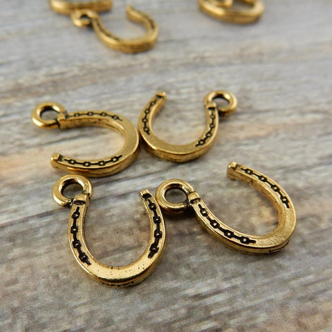 TierraCast Horseshoe Charms, Horse Shoe Drop Pendant Qty 4 Antique Gold Tierra Cast Western Charm 16mm