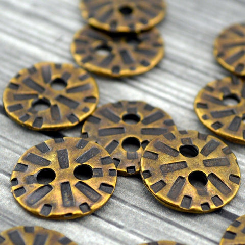 RADIANT Buttons, TierraCast Buttons, Round Metal Button, Qty 4, Antique Brass Oxide, Antique Bronze, 15mm Textured Two Hole, Tierra Cast