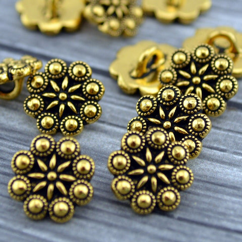 CZECH ROSETTE Buttons Qty 4 TierraCast Pewter, Flower Buttons, Antique Gold Plated 12 mm Great Leather Wrap Clasps or Clothing