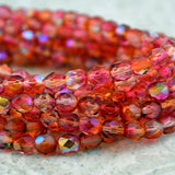 FRUIT PUNCH 6mm Faceted Round Czech Glass Beads Qty 25 or 50 Fire Polished, Red, Yellow with AB Aurora Borealis Finish,