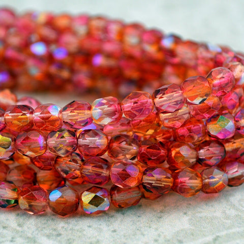 FRUIT PUNCH 6mm Faceted Round Czech Glass Beads Qty 25 or 50 Fire Polished, Red, Yellow with AB Aurora Borealis Finish,