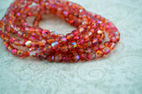 FRUIT PUNCH 6mm Faceted Round Czech Glass Beads Qty 25 or 50 Fire Polished, Red, Yellow with AB Aurora Borealis Finish,