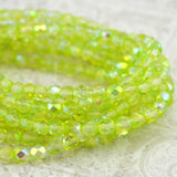 LEMON LIME 6mm Faceted Round Czech Glass Beads Qty 25 or 50 Fire Polished, Yellow Green Transparent Crystal with AB Aurora Borealis Finish,