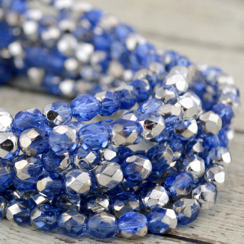 SILVER SAPPHIRE 6mm Faceted Round Czech Glass Beads Qty 25 or 50 Fire Polished /Metallic Silver and Sapphire Blue