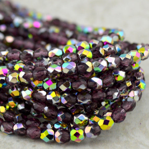 Faceted Round AMETHYST VITRAIL Czech Glass Beads 4mm Qty 50 Purple Vitrail, Firepolished Small Czech Beads