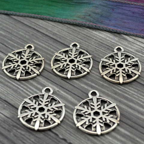 SNOWFLAKE Charms, TierraCast Snow flake Pendants, Winter Holiday Drops, Antique Silver Charms, Tierra Cast Reversible Charms