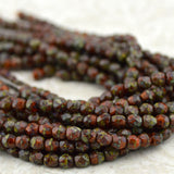 CHESTNUT BROWN PICASSO 4mm Czech Beads, Faceted Round Fire Polished Czech Glass Beads, Qty 50, Umber Brown, Firepolished Czech Beads