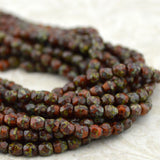 CHESTNUT BROWN PICASSO 4mm Czech Beads, Faceted Round Fire Polished Czech Glass Beads, Qty 50, Umber Brown, Firepolished Czech Beads