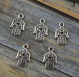 HAMSA HANDS Charms, TierraCast Antique Silver, Qty 4, Hand of Miriam Charm Drops, 21mm Yoga Meditaton Charms