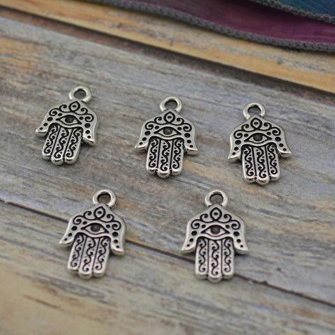 HAMSA HANDS Charms, TierraCast Antique Silver, Qty 4, Hand of Miriam Charm Drops, 21mm Yoga Meditaton Charms