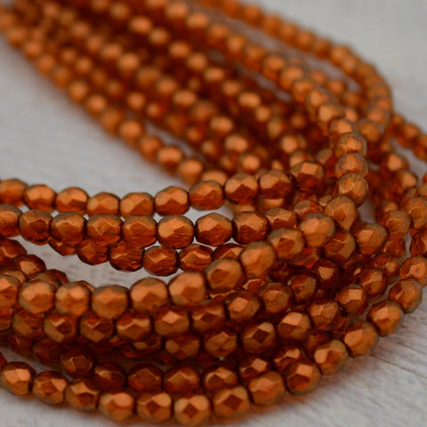 HALO SANDALWOOD 4mm Faceted Round Czech Glass Beads / Fire Polished Round Bead Qty 50 / Transparent Orange Copper Gold Finish Fire Polish