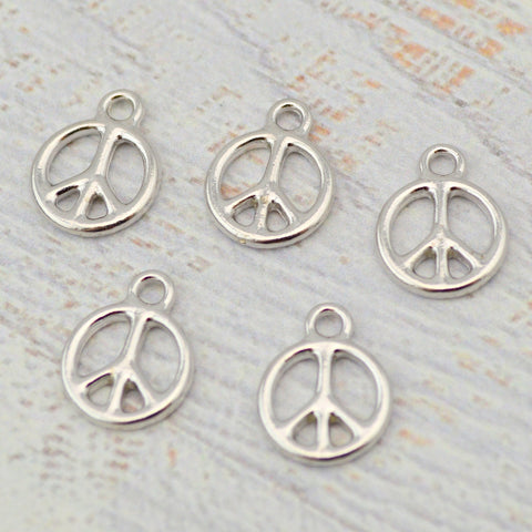 Peace Charms, TierraCast Peace Sign Pendants, Bright Rhodium Silver, 15mm, Tiny 70s Retro Hippie Charms Tierra Cast