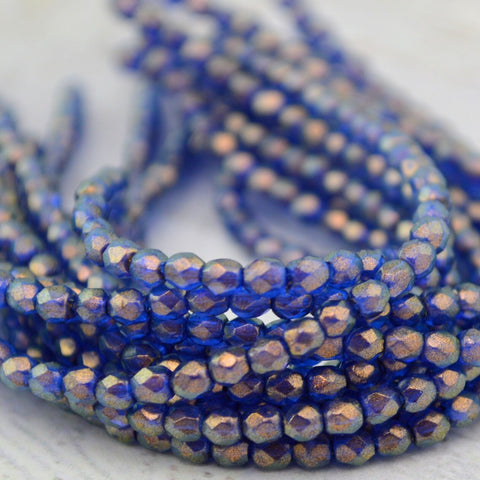 HALO ULTRAMARINE Faceted Round Beads, Firepolished, 3mm Czech Glass Beads Qty 50 Fire Polish Facet Transparent Dark Cobalt Blue Gold Finish