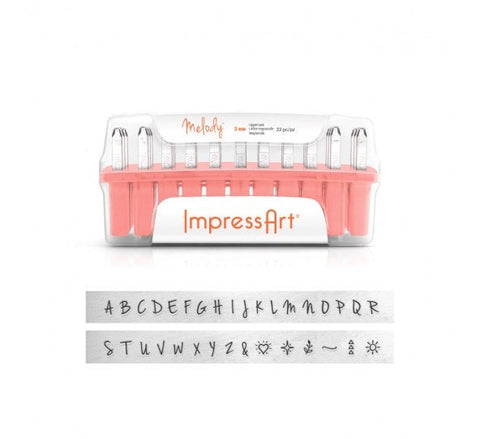 ImpressArt Stamps, MELODY Uppercase Metal Stamping Kit, 3mm Alphabet Handwriting Script Set, Impress Art Upper Case Plus Bonus Design Stamps