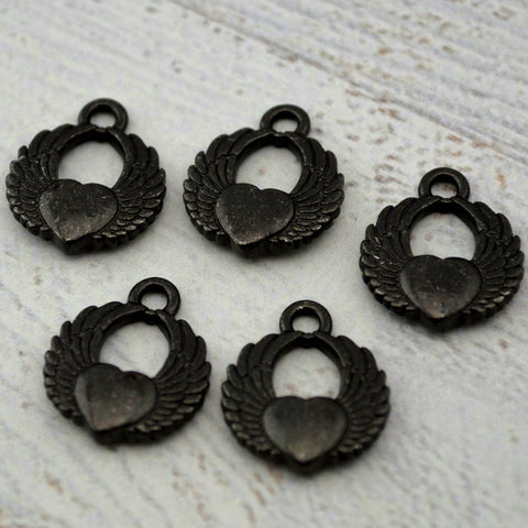 TierraCast WINGED HEART Charms, Heart Pendants, BLACK OXiDe, Tattoo Heart with Angel Wings Charms Qty 4 To 20