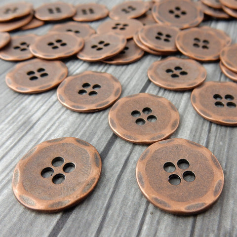 Hammered Round Buttons, Antique Copper Metal Button, 15mm Buttons 5/8” Qty 4 Four Hole Flat Buttons Leather Wrap Clasps or Clothing