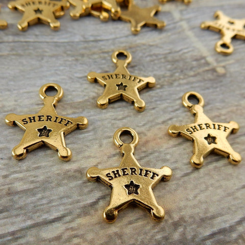 TierraCast Sheriffs Badge Charms, Police Charm, Pendants Qty 4 Antique Gold Tierra Cast Western Charm 18mm, Law Enforcement Deputy Charm