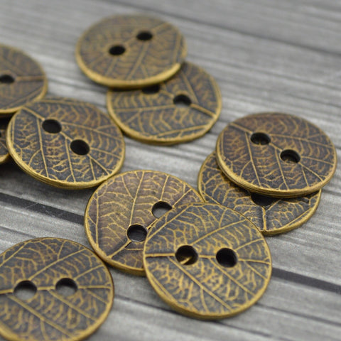 TierraCast Leaf Buttons, Antique Brass,  Round Leaf Button, Bronze Two Hole Metal Button, Leaves 17 mm Qty 4 to 20 Great Leather Wrap Cla