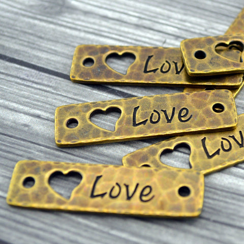 TierraCast LOVE Link Love Bracelet Bar, Heart Connecter Pendant Focal, Antique Brass, Rivetable, Bronze, Leather Wrap Bracelet Supplies Bar