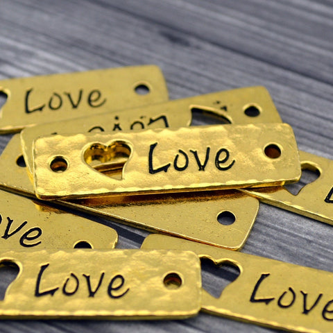 TierraCast LOVE Links, Bracelet Bar, Love Heart Connecter Pendant Focal, Antique Gold, Rivetable, Bronze, Leather Wrap Bracelet Supplies Bar