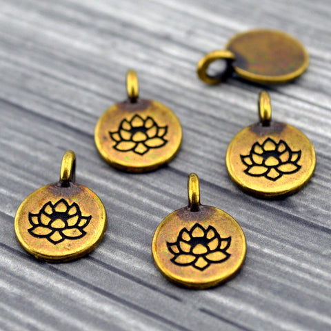 TierraCast LOTUS Charms, Antique Brass, Tiny Flower Charms, Bronze Drops, Qty 4 to 20 Yoga Meditaton Wrap Bracelet Charms