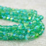 SPRING GREEN 6mm Faceted Round Czech Glass Beads Qty 25 or 50 Fire Polished /Turquoise Blue Yellow Crystal with AB Aurora Borealis Finish,