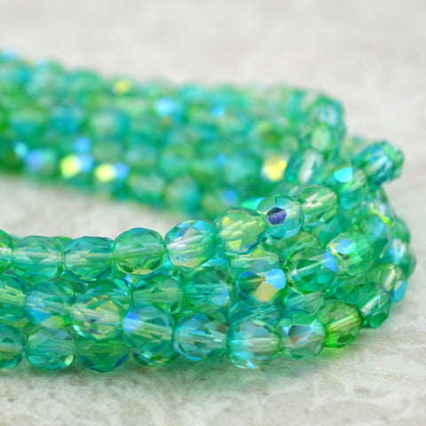 SPRING GREEN 6mm Faceted Round Czech Glass Beads Qty 25 or 50 Fire Polished /Turquoise Blue Yellow Crystal with AB Aurora Borealis Finish,