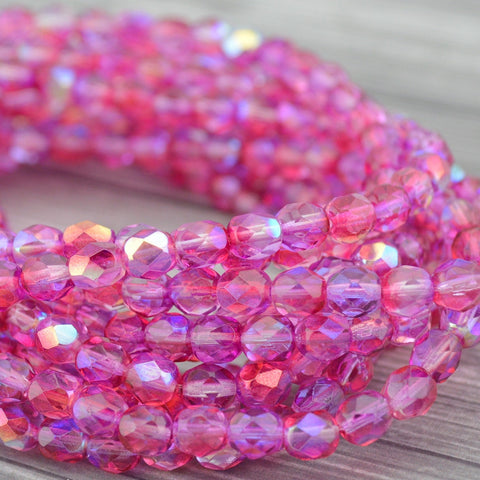 HOT PINK AB 6mm Faceted Round Czech Glass Beads Qty 25 or 50 Fire Polished Fuchsia Pink Mix with Aurora Borealis