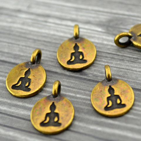 TierraCast Buddha Charms, Antique Brass, Tierra Cast Tiny Drop Pendants Bronze Sitting Buddha, Qty 4 to 20 Yoga Meditaton Wrap Bracelets