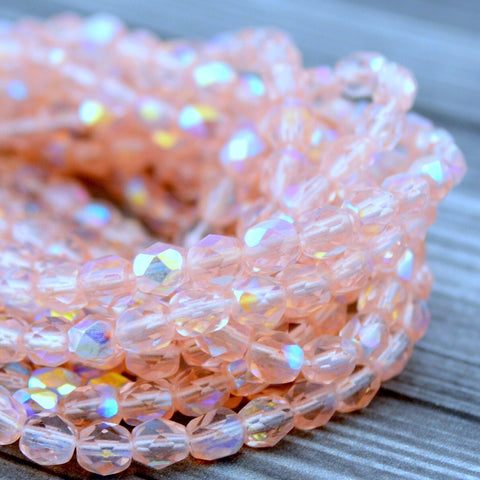 ROSALINE AB 4mm Faceted Round Czech Glass Beads / Qty 50 Transparent Pink Firepolished Small Czech Beads