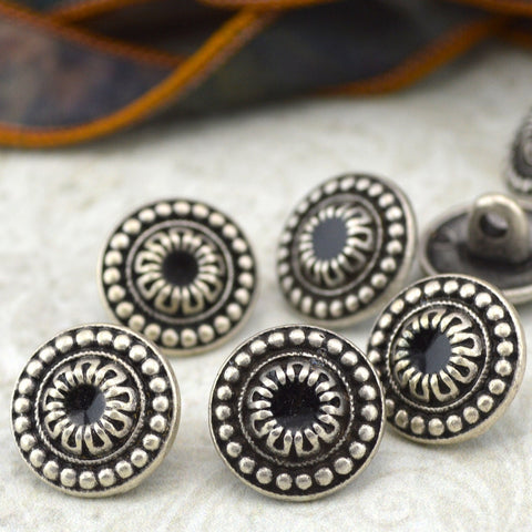 SHIELD Metal Buttons, Antique Silver, 5/8" Qty 4, Bali Style, Silver with Black Accents, For Clothing, Leather Wrap Clasps or Jewelry