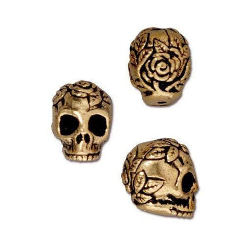 TierraCast Sugar Skull Beads, ROSE SKULL Beads Vertical Hole, Antique Gold 10mm Qty 4 to 20 Halloween or Day of the Dead Jewelry Top Drilled