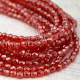 LUSTER RUBY 4mm Faceted Round Czech Glass Beads Qty 50 /Strand Fire Polish Round Transparent Red /Firepolished Small Czech Beads