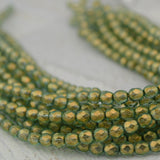 HALO HEAVENS 4mm Faceted Round Czech Glass Beads / Fire Polished Qty 50 Transparent Green Gold Finish Firepolished Czech Beads