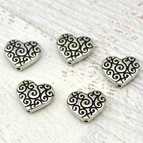 TierraCast Scroll Heart Beads, Antique Silver Plated, 14mm  Spiral Swirl Heart Charms, Tierra Cast, Vertical Hole, Jewelry Making Supplies