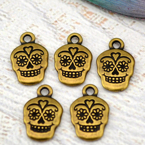 TierraCast SUGAR SKULL Charms, Antique Brass, Qty 4 to 20 Day of the Dead or Halloween Gothic Charms Tierra Cast