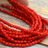 Opaque Red 3mm Czech Glass Beads / Firepolished Faceted Round / Qty 50 Small Bead /Bright Red 